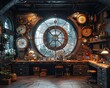 Steampunk inventors lab with gears levers