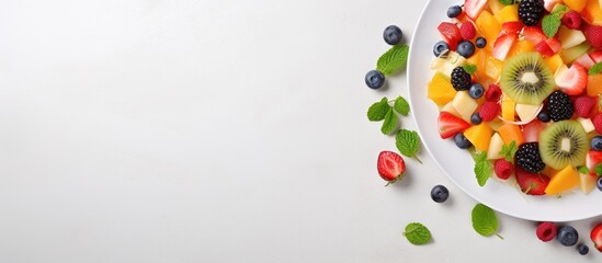 Canvas Print - Fresh Plate of Colorful Fruits Garnished with Vibrant Mint Leaves on White Background