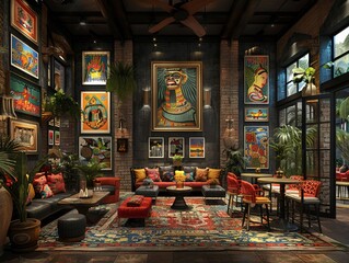 Boutique hotel lobby with eclectic art and designer furniture3D render