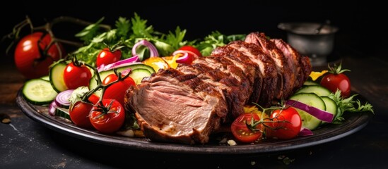 Canvas Print - Savory Meat and Fresh Vegetables Displayed on Wooden Table for Delicious Meal Preparation