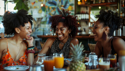 Portrait of 3 beautiful black women at brunch having a great time. Girls laughing with their friends