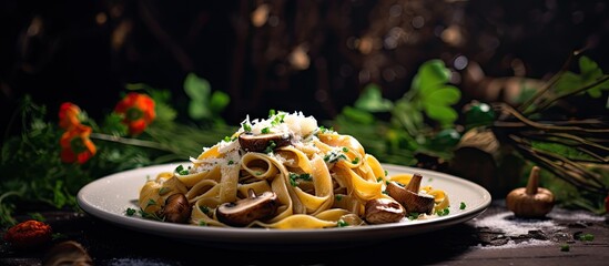 Canvas Print - Delicious Pasta Dish with Savory Mushrooms and Parmesan Cheese on a Rustic Plate