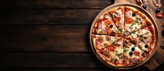 Sticker - Delicious Pizza with Fresh Pepper, Olive, and Savory Ham on Rustic Wooden Board