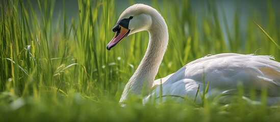 Canvas Print - Graceful White Swan Swimming Serenely in a Reflective Lake at Dusk