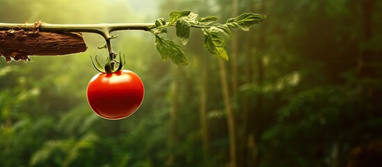 Poster - Lone Tomato Adorning Tree Branch in Lush Forest Habitat with Freshness