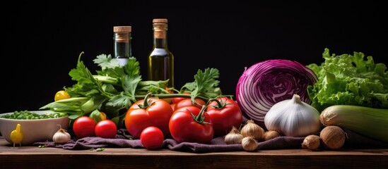 Canvas Print - Farm Fresh: Vibrant Vegetables Spread on a Table with a Bottle of Seasonal Olive Oil