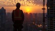 © Ivan - Worker with his back turned observing the evolution of the construction site at dusk. Concept: construction, architect, engineer