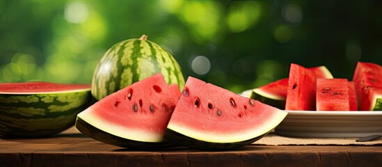 Wall Mural - Abundant Refreshment: Vibrant Watermelon Slices in a Bowl and Plate for a Summer Feast