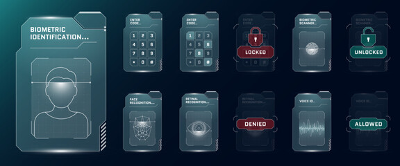 Poster - Biometric ID HUD elements. User face voice recognition GUI FUI digital interface. Person security verification code entry panel. Human identity scanner and touching dashboard. Protection screen. Eps