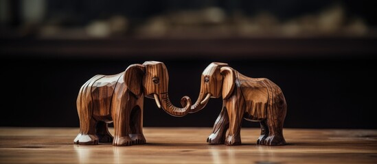 Wall Mural - Two Intricately Carved Wooden Elephants Gracefully Adorn a Vintage Table