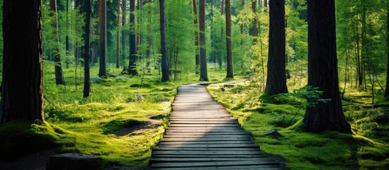 Poster - Tranquil Wooden Path Winds Through Enchanted Forest with Majestic Tall Trees