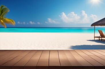 Empty wooden table, bar pier with tropical sunny beach background. Copy space for your promo, text or logo brand. Wood desk board on nature blue sky sea view. Blank tabletop on blur summer ocean scene