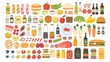 © Mark - Icons set of grocery store, nutrition, and alcohol products. Groceries, fruits, vegetables, meat, fish, and seafood, bakery, and bread. Isolated on a white background.