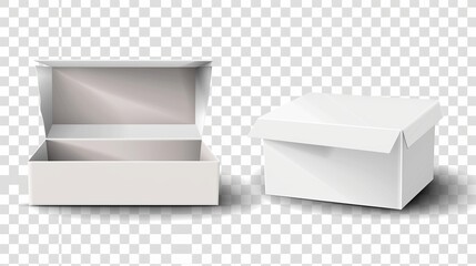 Wall Mural - A white box with a flip top hinged lid and an open and closed box with a hinged lid, isolated on a transparent background. Empty gift box.