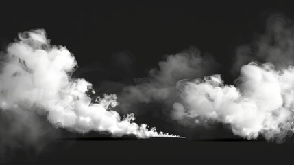 Poster - Modern realistic set of powder or fog spray, aerosol trail, splashes of blowing steam and white dust clouds isolated on transparent background.