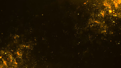 Golden glitter rain, gold particles glow with falling snow bokeh light effect on dark background