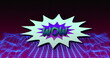 Image of wow text in retro speech bubble over blue glowing mesh