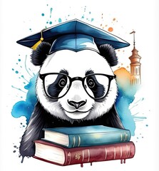 Wall Mural - Watercolor illustration,cute panda wearing graduation cap and surrounded by books.Graduation and study concept for banner, poster,t- shirt, sticker, Backpacks and Bags, Notebook Covers design.