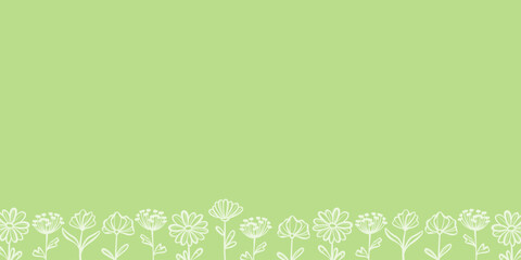 Poster - Green seamless flower border doodle, spring clip art illustration banner, vector background design