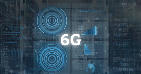 Poster - Image of 6g text and data processing over cityscape and computer servers