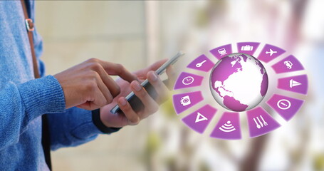 Poster - Image of travel icons with globe and caucasian man using smartphone
