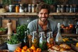 Smiling male chef in apron posing proudly in a rustic kitchen filled with fresh produce and culinary items