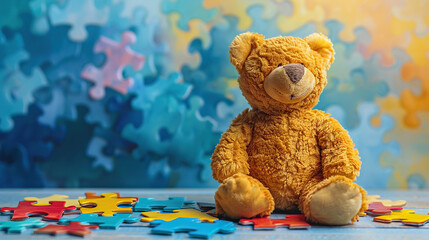 Wall Mural - World autism awareness day card or banner, autistic kid teddy bear with colorful puzzle background