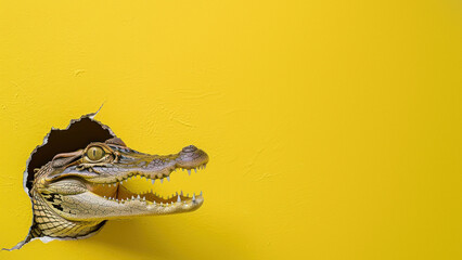 close-up of a crocodile's head with open jaws contrasted against a plain yellow background conveying