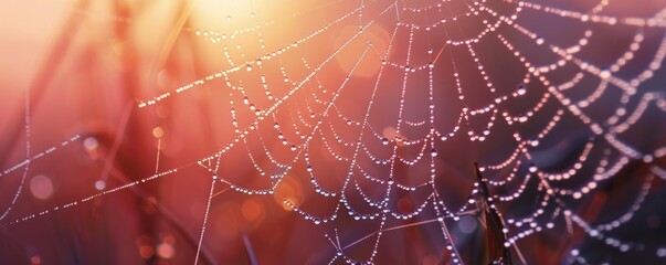 A macro shot of dewdrops on a spider web at dawn, showcasing the intricate beauty of nature in detail