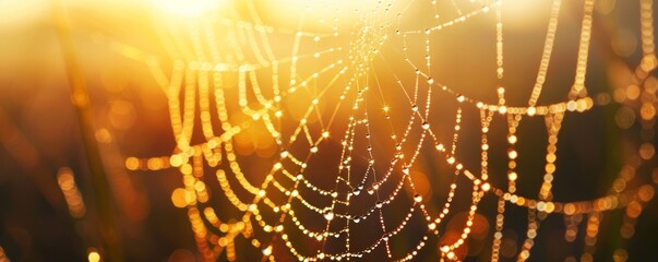 A macro shot of dewdrops on a spider web at dawn, showcasing the intricate beauty of nature in detail