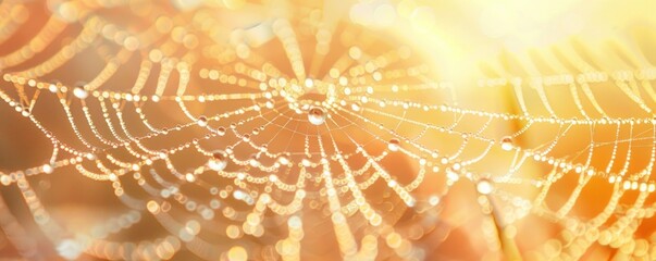 A macro shot of dewdrops on a spider web at dawn, showcasing the intricate beauty of nature in detail