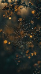 A macro shot of dewdrops on a spider web at dawn, showcasing the intricate beauty of nature in detail