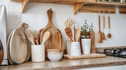 a modern minimalist kitchen with eco-friendly bamboo utensils and zero waste products, promoting sus