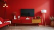Imagine a cohesive interior design concept where a striking wall color enhances the aesthetic appeal of a contemporary TV cabinet adorned with decorative items  attractive look