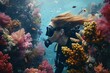 A woman scuba diver swims underwater. admiring the colorful coral reef. generative ai