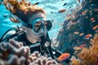 A woman scuba diver swims underwater. admiring the colorful coral reef. generative ai