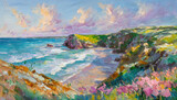 Fototapeta Boho - An impressionist style painting of the coastline in Cornwall, England