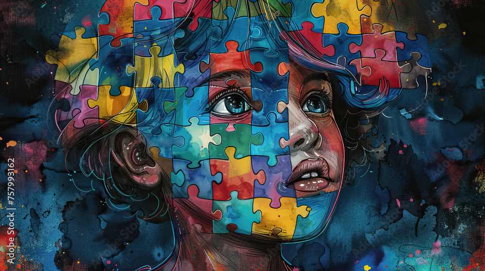 World autism awareness day card or banner, autistic kid colorful brain ...