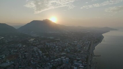 Wall Mural - Sunrise over Alanya from a drone, Turkish Riviera on Mediterranean Coast, Antalya, Turkey