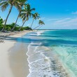 A serene beach scene with palm trees swaying gently in the breeze and crystal-clear turquoise water lapping at the shore