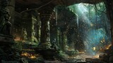 Fototapeta Konie - Mystical Underground Temple Lit by Fireflies its halls chambers illuminated by thousands of fireflies. The natural light reveals ancient with magical atmosphere created with Generative AI Technology