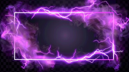 Wall Mural - Isolated on transparent background, a neon purple toxic smoke object is decorated with lightning discharges and neon purple toxic smoke. An illustration of a rectangular border glowing in darkness is