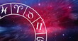 Composition of capricorn star sign symbol in spinning zodiac wheel over glowing stars