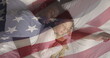 Image of flag of united states of america over african american father and daughter sleeping