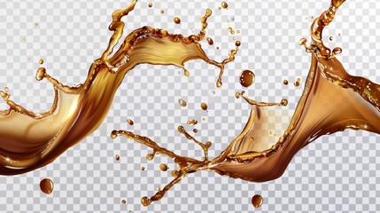 Wall Mural - Modern realistic set of falling and flowing brown water, whiskey or beer with drops and swirls of coffee, tea or cola isolated on transparent background.