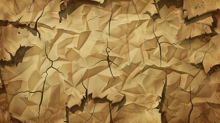 Wall Mural - Craft crumpled paper, cardboard background. Torn antique page, wallpaper or parchment abstract design. Horizontal rough carton, old material. 3d realistic illustration.