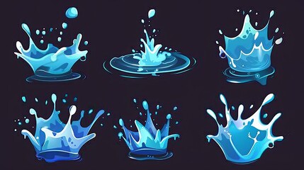Poster - 2D liquid drops, crowns, flowing swirls and falling swirls isolated design elements. Blue water spray motion, spatter blast, drip or ripple, modern illustration.