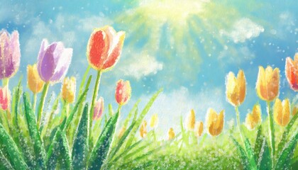 Illustration background of spring tulip field.