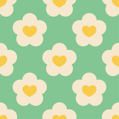 Wall Mural - White flowers with yellow hearts on green background. Vector seamless pattern in soft retro pastel colors.