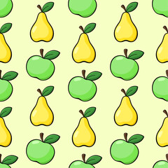 Wall Mural - Apples and pears vector seamless pattern. Green and yellow fruits on beige background. 